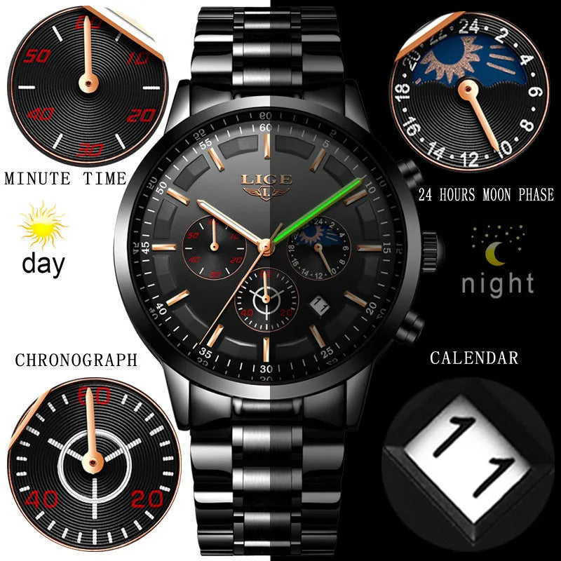 Men's waterproof quartz sports watch with 12mm case in black, blue, or rose gold colour options