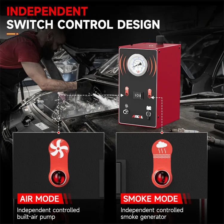 Red 12V smoke leak detector for EVAP system and pipeline diagnostics with 1/10 resolution.