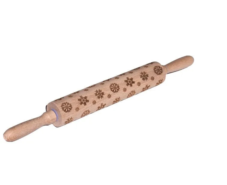 Wooden Christmas embossing rolling pin with snowflake and reindeer pattern, 45 x 5 x 5cm natural wood dough tool