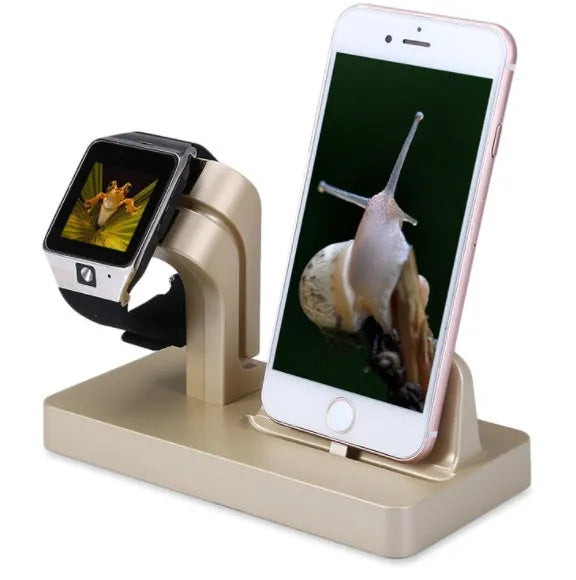 White 2-in-1 desktop charging dock holding an iPhone and an Apple Watch for simultaneous charging.