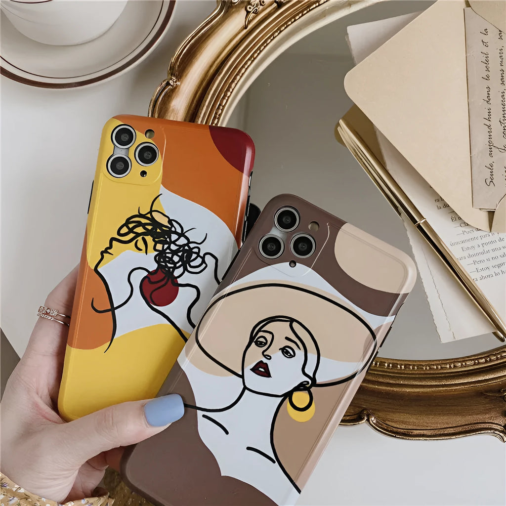 Orange yellow cartoon line art soft case for Apple iPhone showing back design