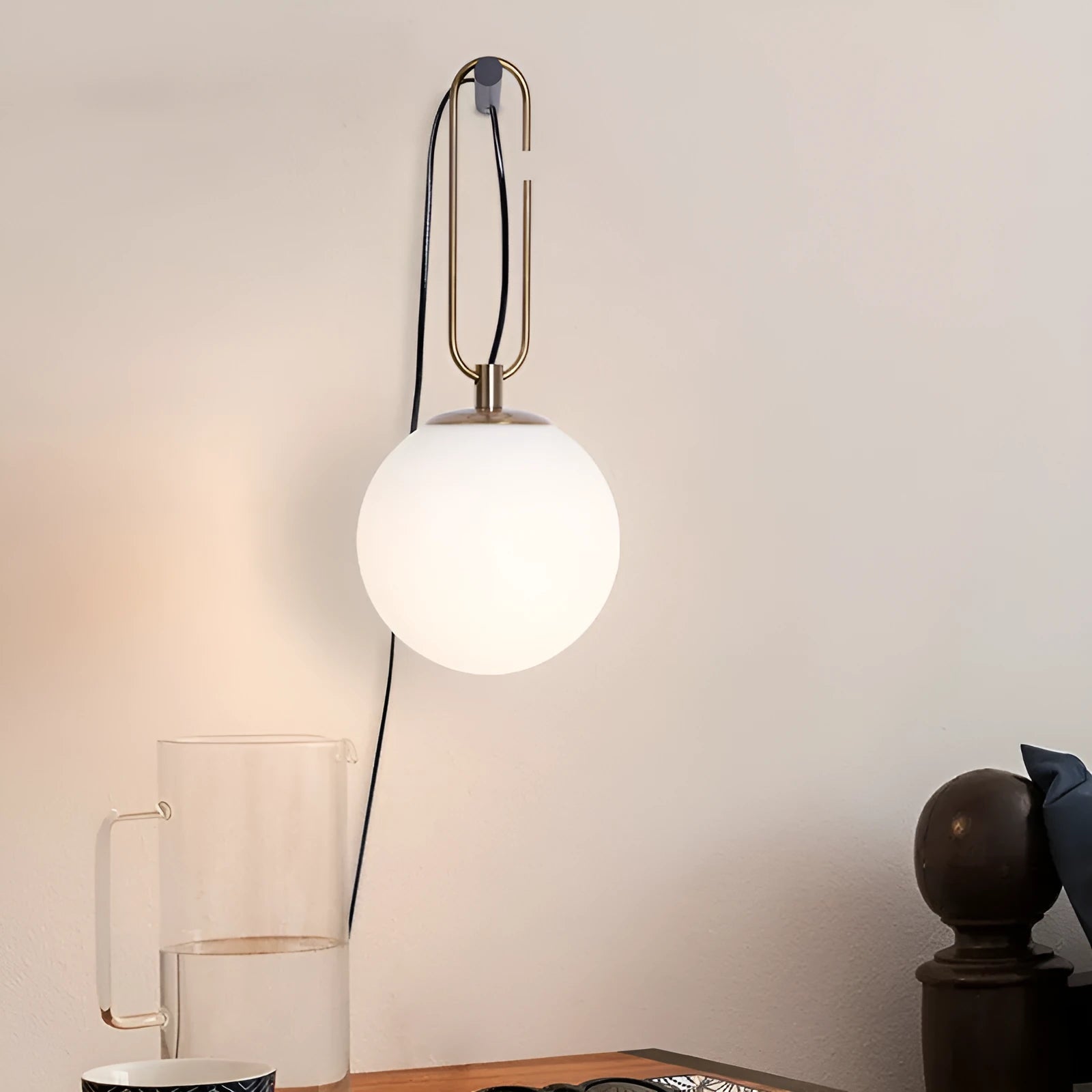 Nordic creative glass wall lamp showing three light colour options on modern wall