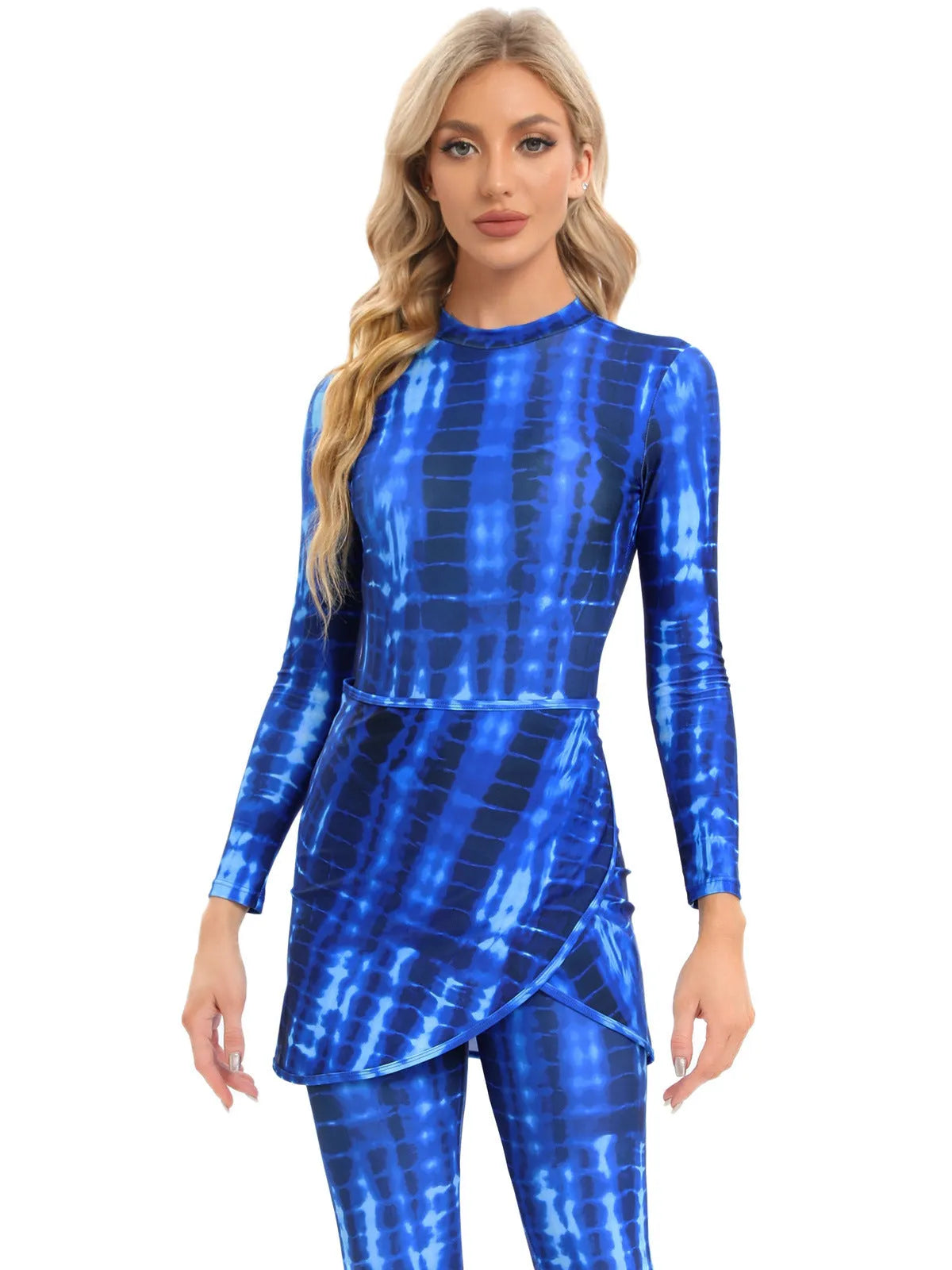 Conservative Muslim print beach swimsuit three-piece set with matching apron in polyester fabric
