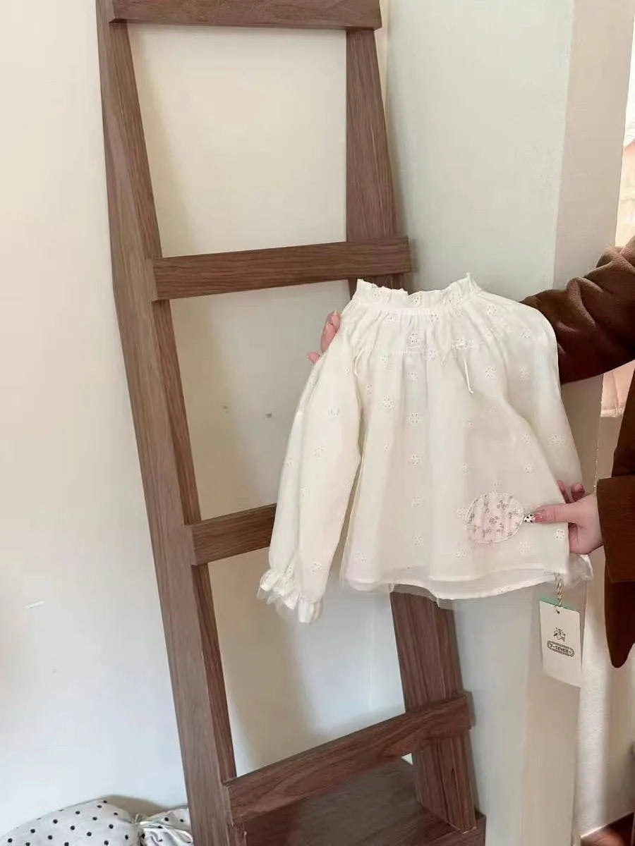 Girls' mori style three-piece suit with knitted cardigan, beige shirt, and patchwork wide-leg pants