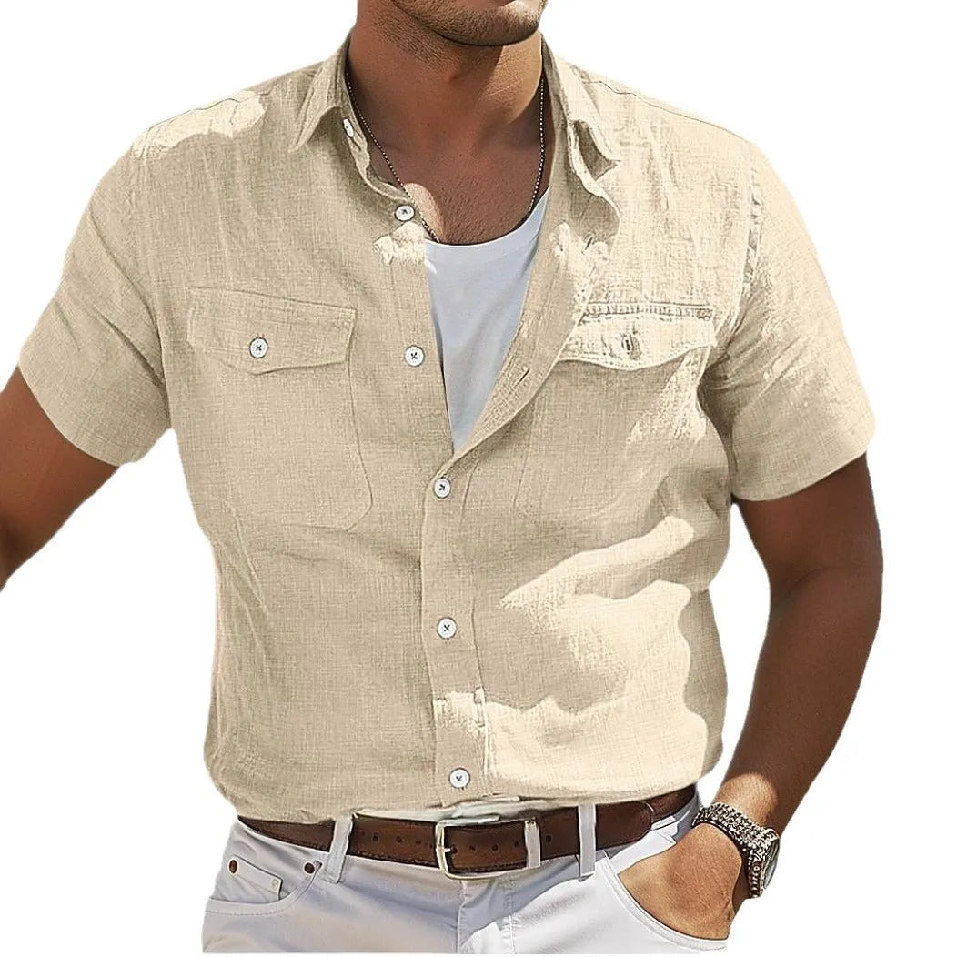 Men's loose fit long sleeve cotton shirt with polo collar in solid colour