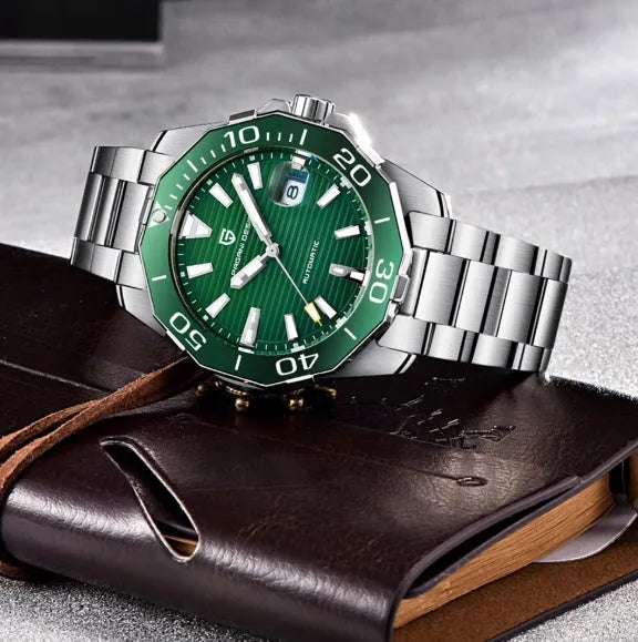 Men's mechanical watch PD-1617 with stainless steel bracelet and silver black dial