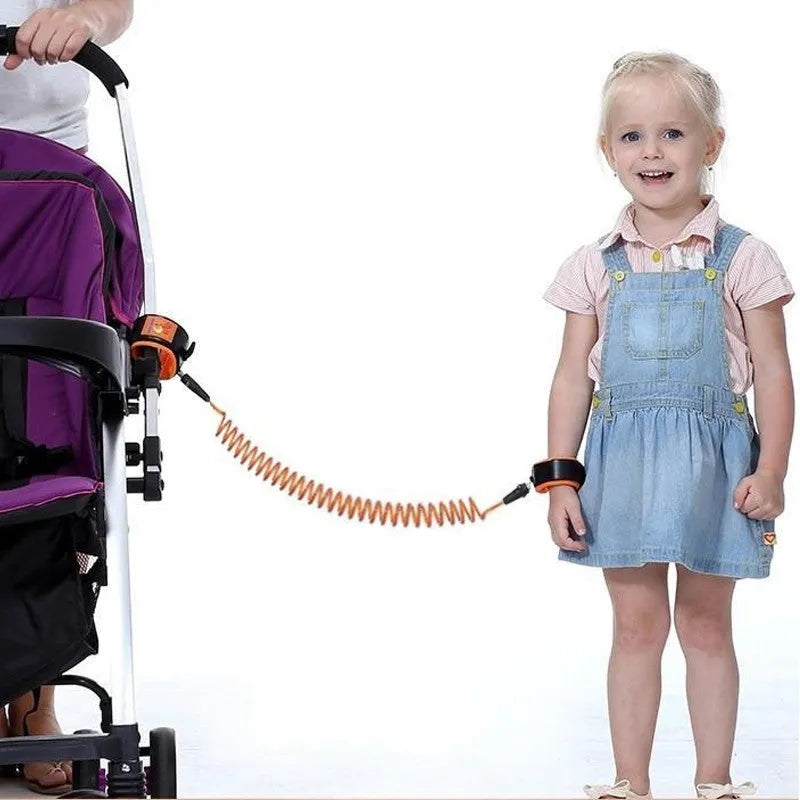 Child safety wristband anti-lost strap with 2.5m special PU spring rope, 360 degree rotary head and breathable sponge lining.