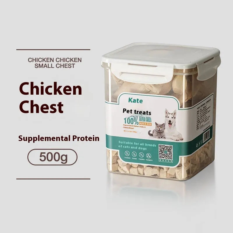 500g bag and barrel of freeze-dried chicken grain-free cat treats nuggets