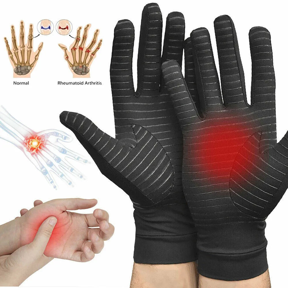 Black copper fibre compression gloves for arthritis, full finger style, showing stretch fabric and textured palm