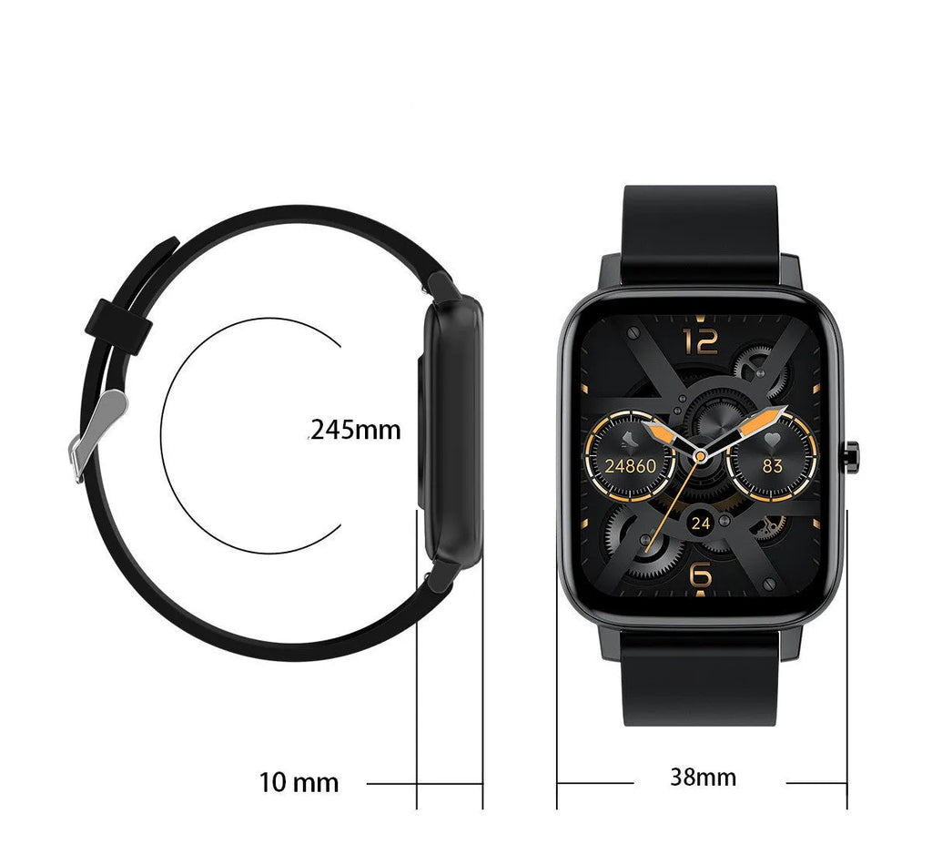 H80 black smartwatch with ECG monitoring on a wrist, showing heart rate data on its 1.69-inch screen.