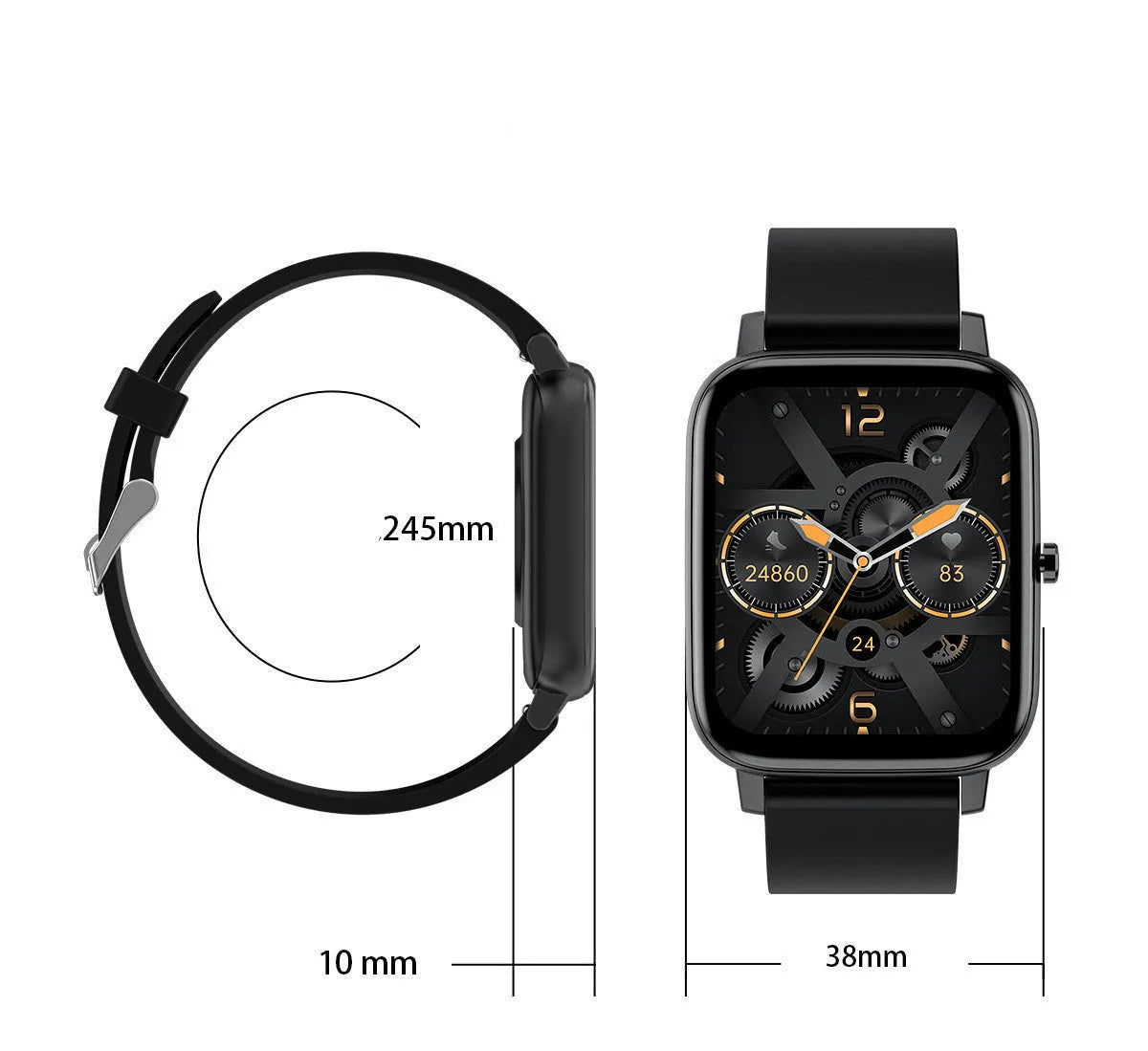 H80 black smartwatch with ECG monitoring on a wrist, showing heart rate data on its 1.69-inch screen.