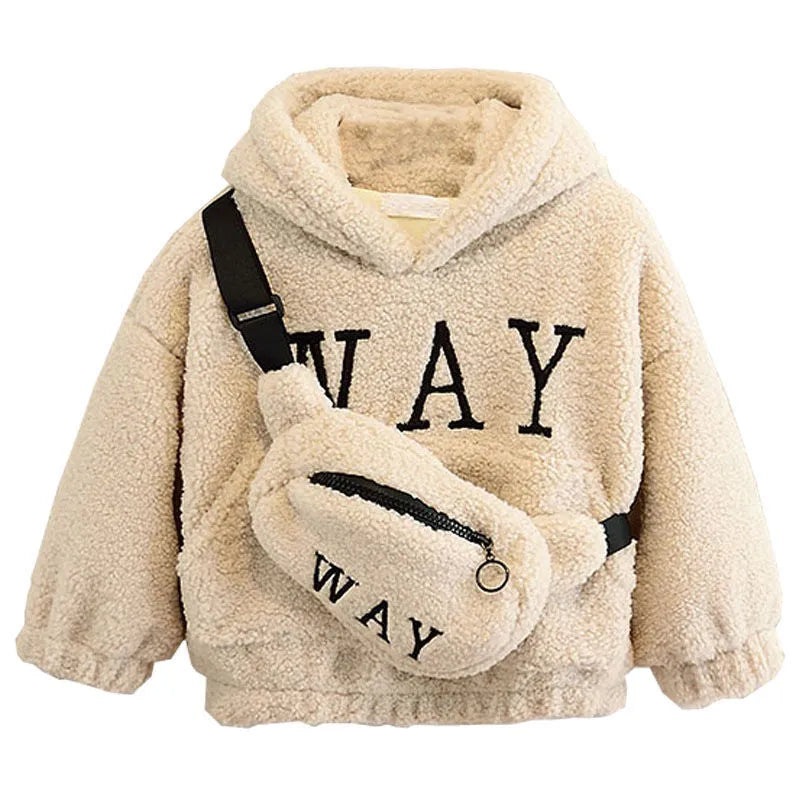 Child wearing a beige cashmere fleece hooded jacket with a cartoon pattern on the front.