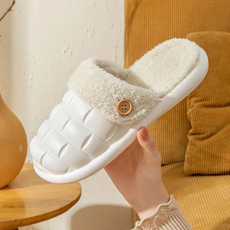 Plaid-patterned detachable EVA house slippers with plush lining, shown in pink, green, yellow, white, grey, or black.