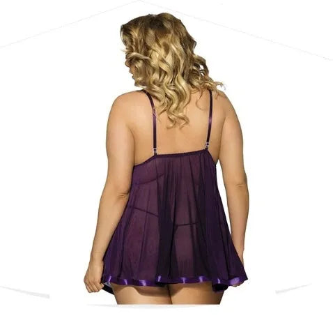 Women's polyester sleepdress with mesh and lace detailing in purple colour, size 6XL