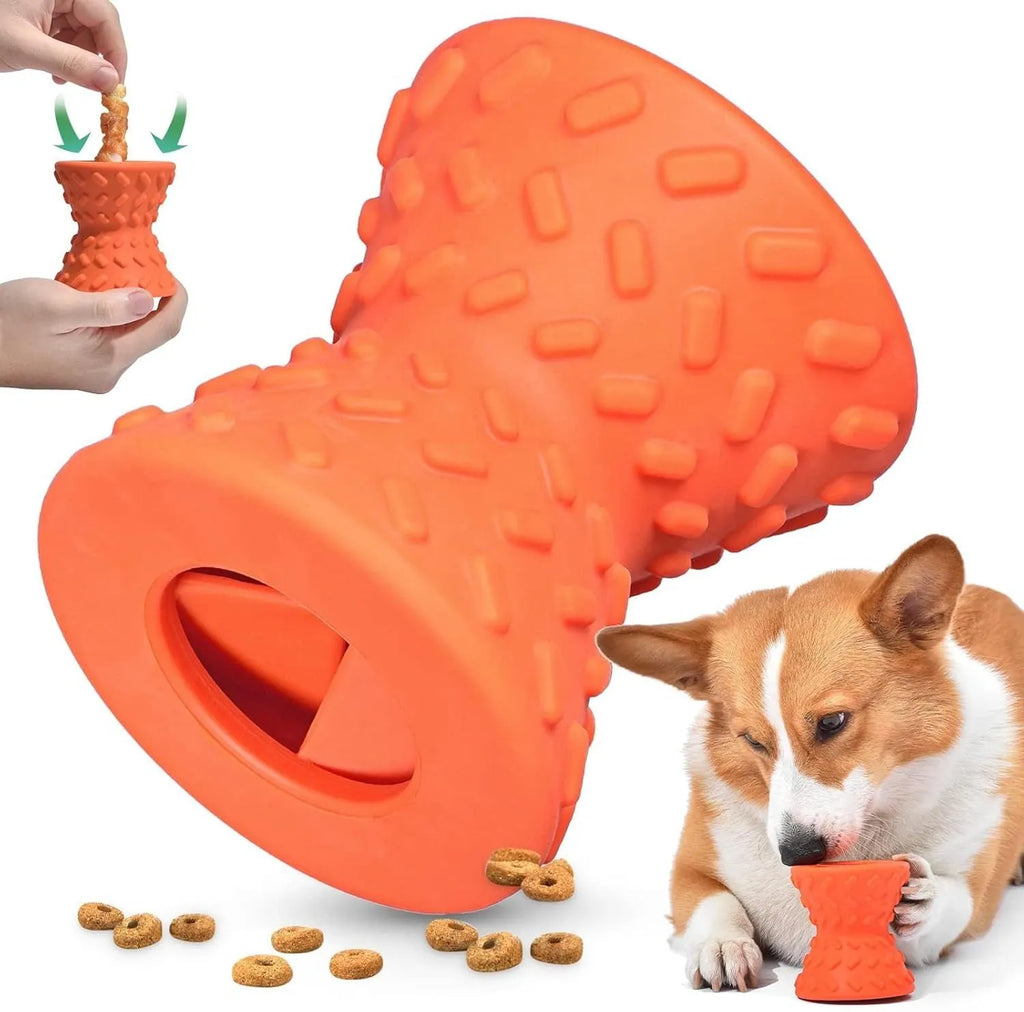 Blue natural rubber bone-shaped dog toy with hollow centre and treat leakage holes.