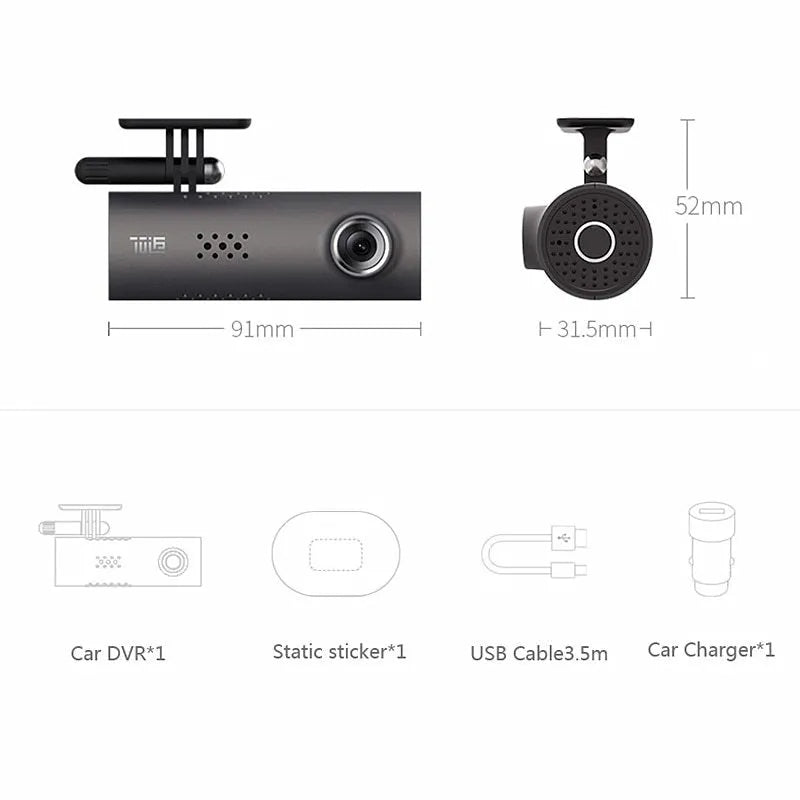 White car dashcam with 130 degree lens and voice control for 1080P recording