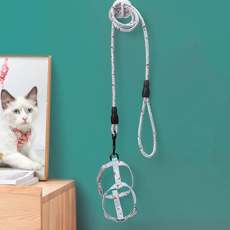 Cat I-shaped chest harness in blue with metal accessories and 150cm rope lead on white background