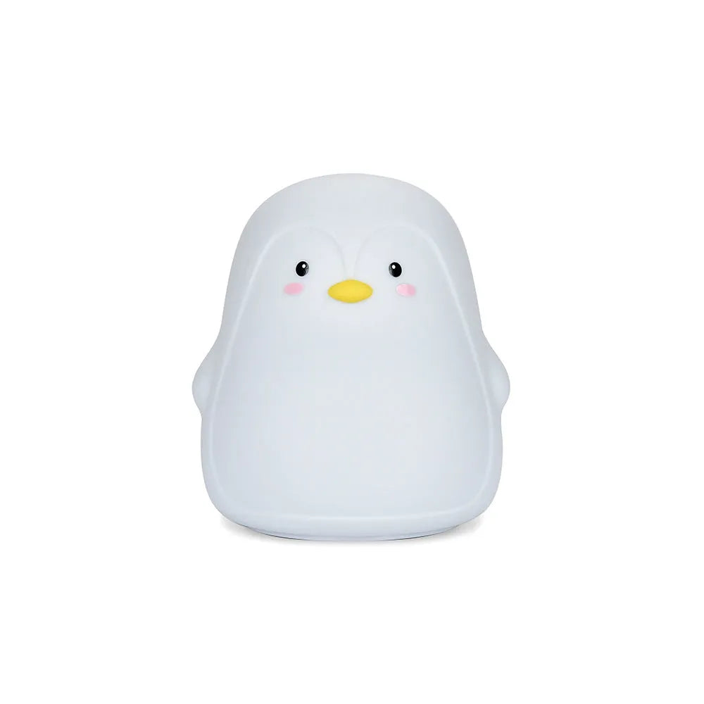 Penguin-shaped silicone and ABS night light with white LED glow, shown with USB charging cable.
