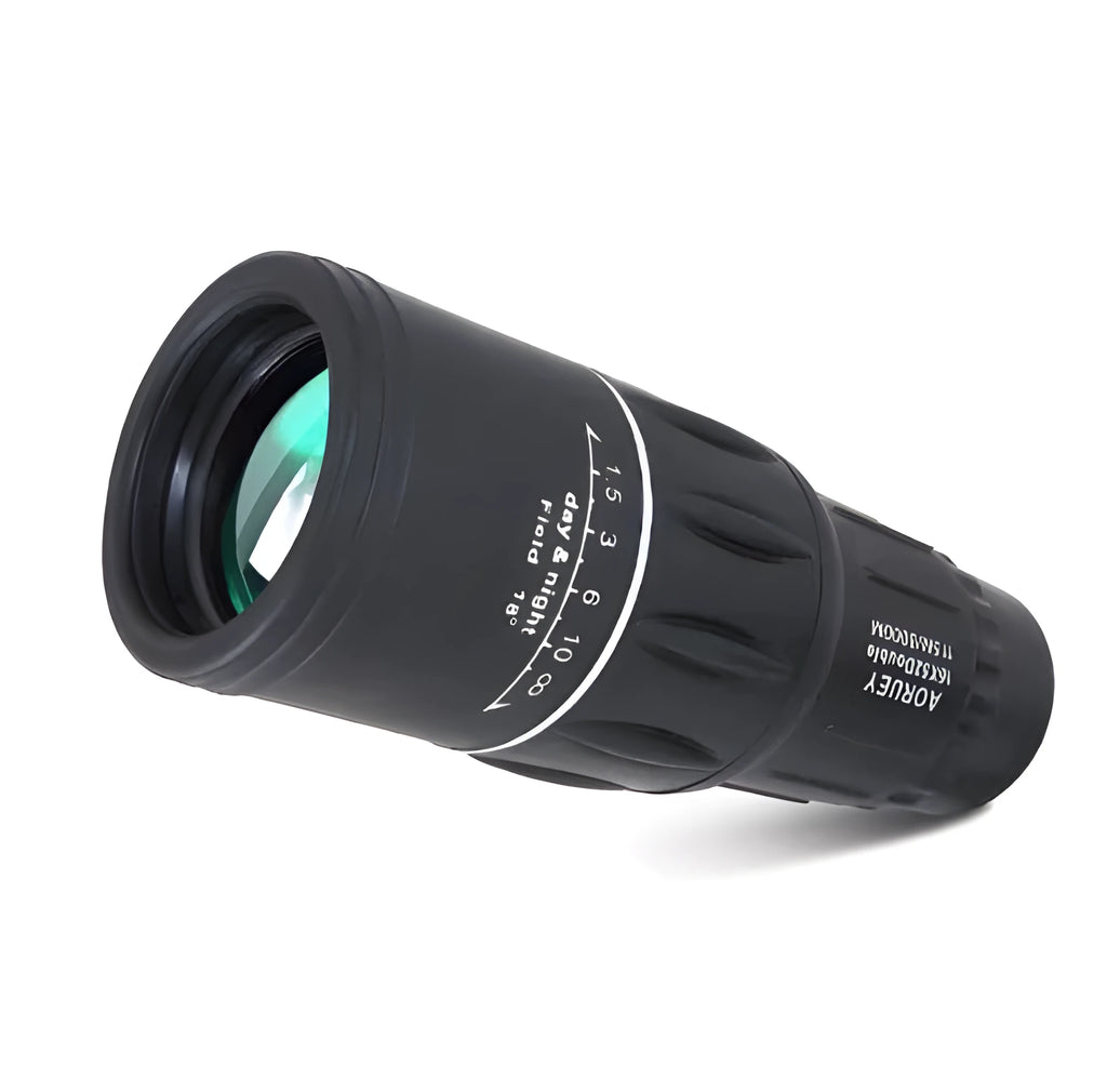 Black 16x52 high-power monocular with enhanced green film HD optics for day and night use.
