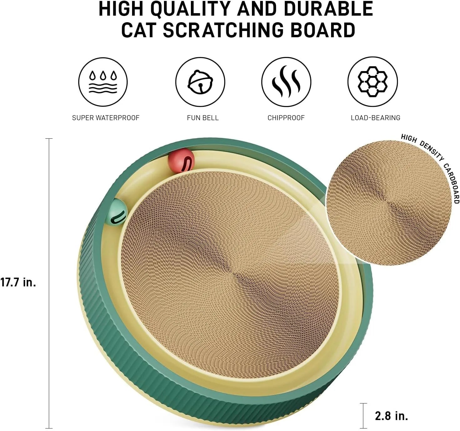 Large circular green cat scratching board with integrated ball toys measuring 45cm diameter