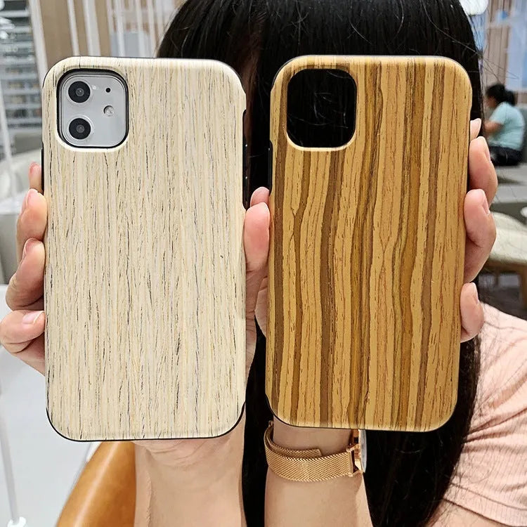 Wooden iPhone back cover case shown in rosewood, teak, black rose, and walnut colour options.