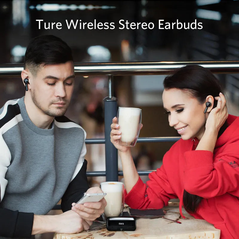 Black and white true wireless earbuds with charging case, showing discreet in-ear design for sports and daily use.