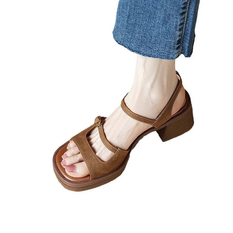 Women's open toe square toe platform sandals in milky white with retro style and rubber sole