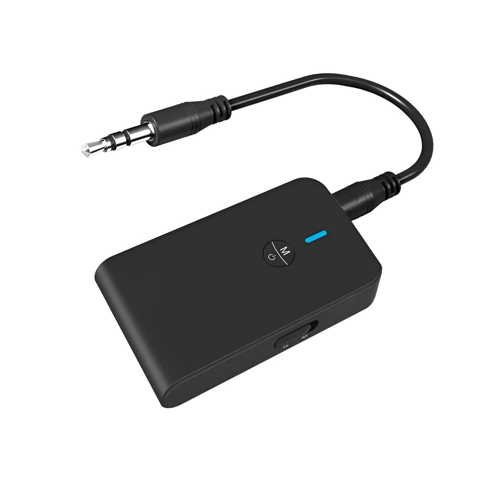 Black Bluetooth 5.0 audio adapter with 3.5mm plug and external power supply