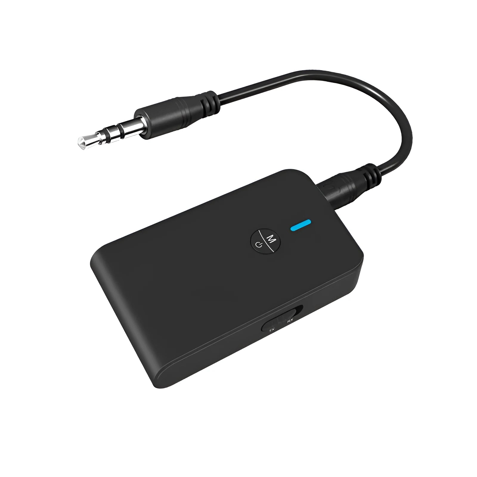 Black Bluetooth 5.0 audio adapter with 3.5mm plug and external power supply