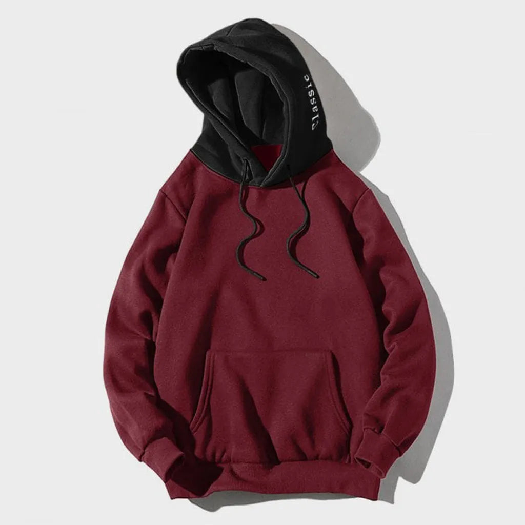 Men's hooded sweatshirt with drawstring hood and long sleeves, spandex blend, shown in apricot