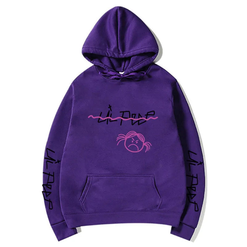 Lil Peep hoodie in beige with white word printing and three-dimensional patch pocket, plus-velvet lining inside