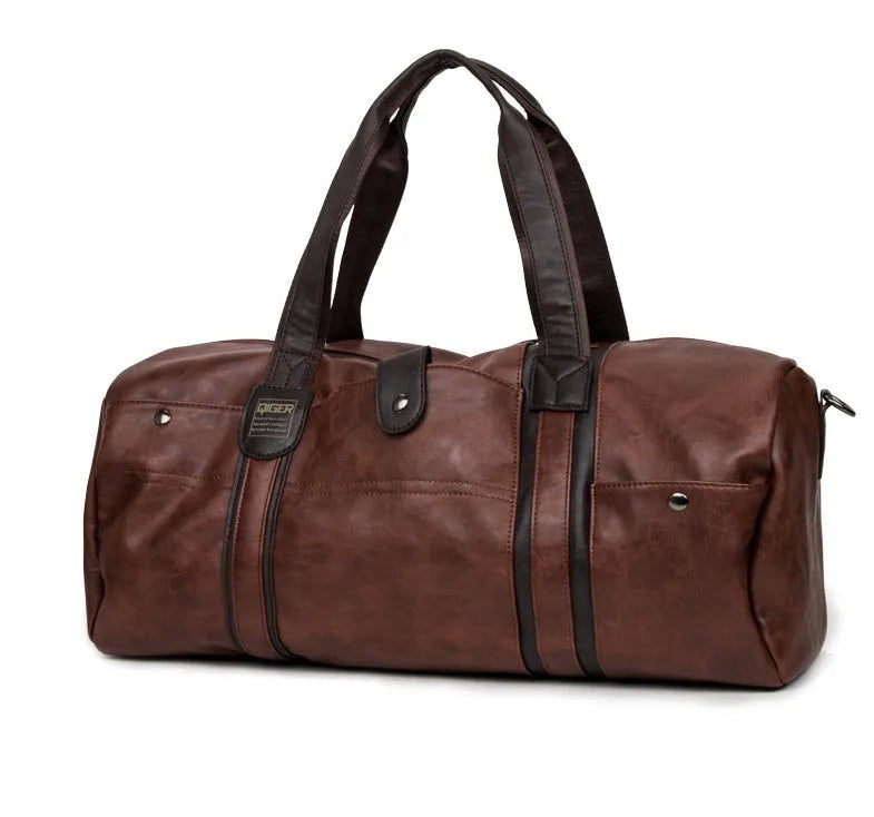 Portable cylinder leisure travel bag in PU leather, 21x49x22cm, 36-55L, with phone, camera and zip pockets