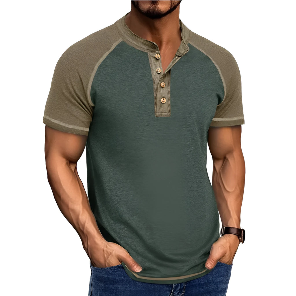 Men's short sleeve pullover in a two-tone colour block design with raglan sleeves.