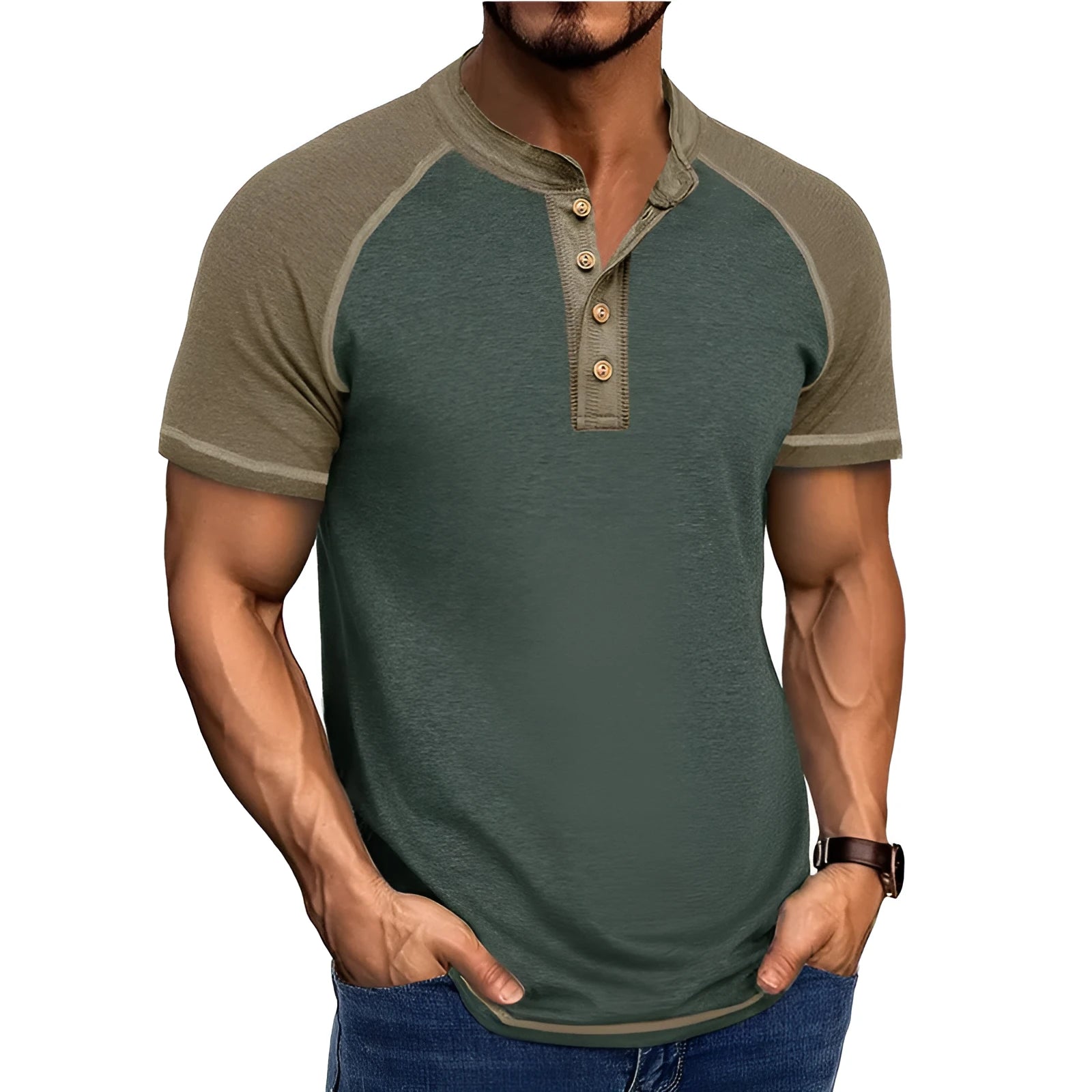 Men's short sleeve pullover in a two-tone colour block design with raglan sleeves.