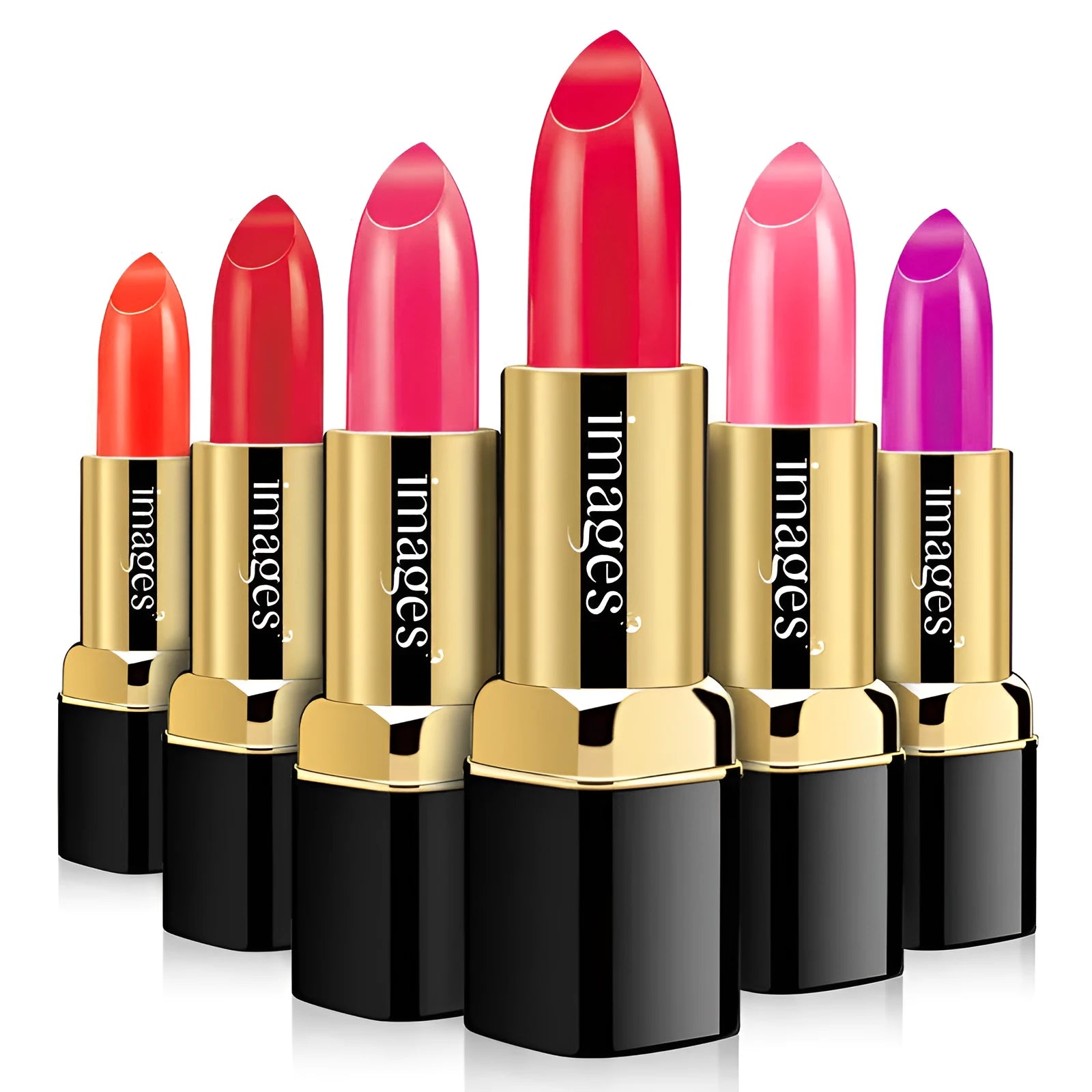 Moisturising lipstick in a compact case showing one of ten colour shades like coral red or babie pink.