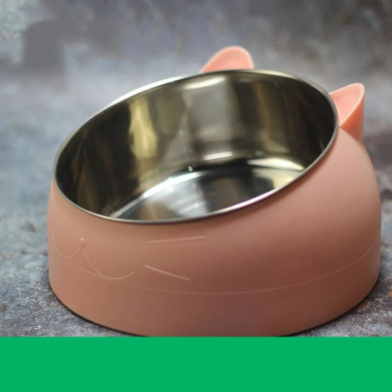 Ceramic cat food bowl with stainless steel insert in blue, featuring a cat head shape on the outer bowl