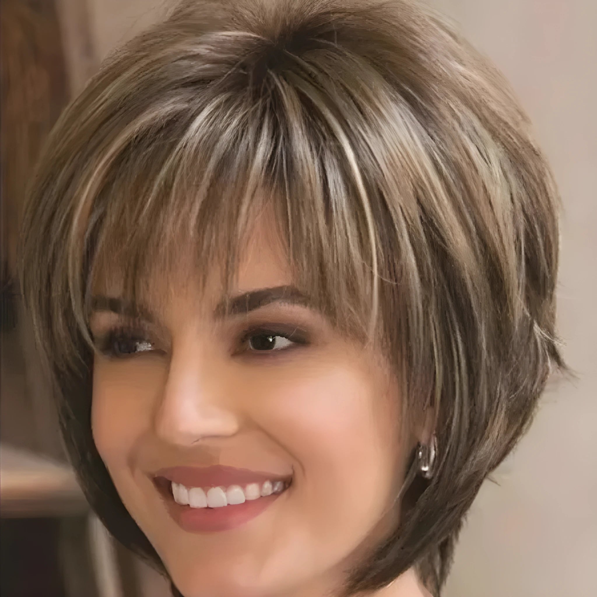 Mixed blonde brown short wig on stand, realistic supple synthetic hair, heat resistant, women's wig