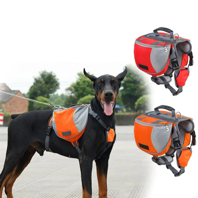 Dog hiking pack in black with adjustable neck straps, breathable mesh, and reflective tape for outdoor use