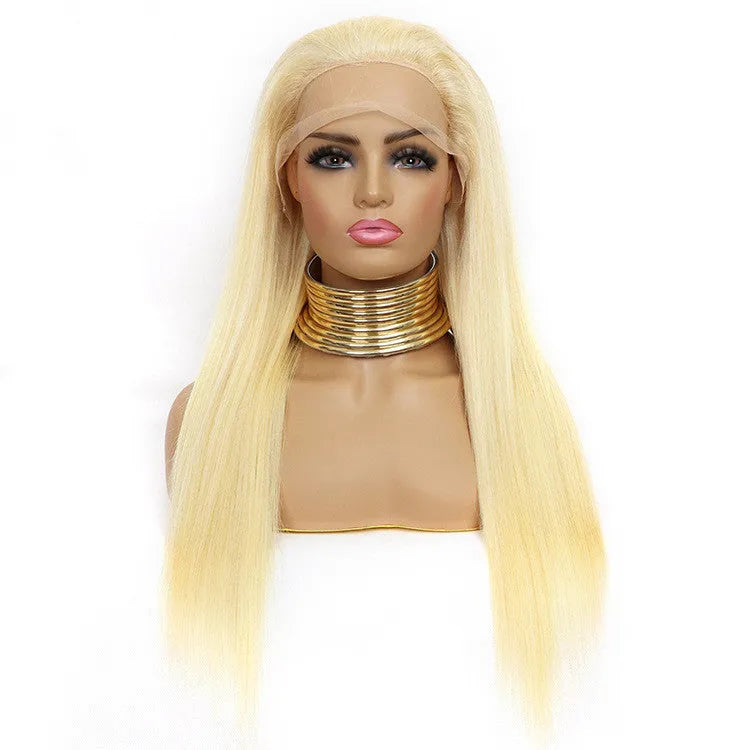 Reality gold long straight lace wig made from real human hair, medium length, side view on mannequin