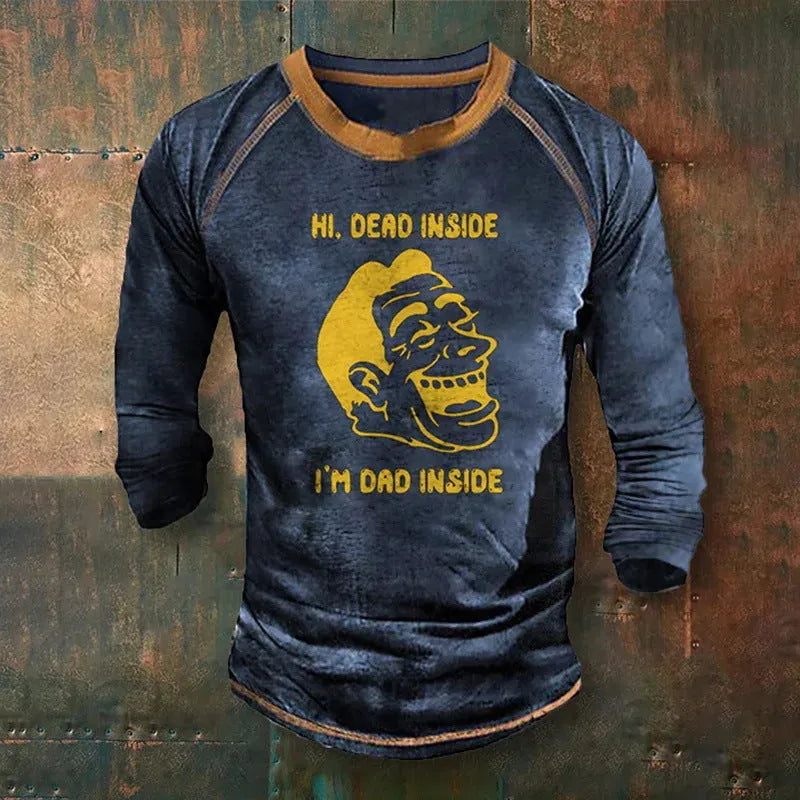 Men's long sleeve cartoon print T-shirt, slim fit, round neck, polyester, sizes S to 6XL.
