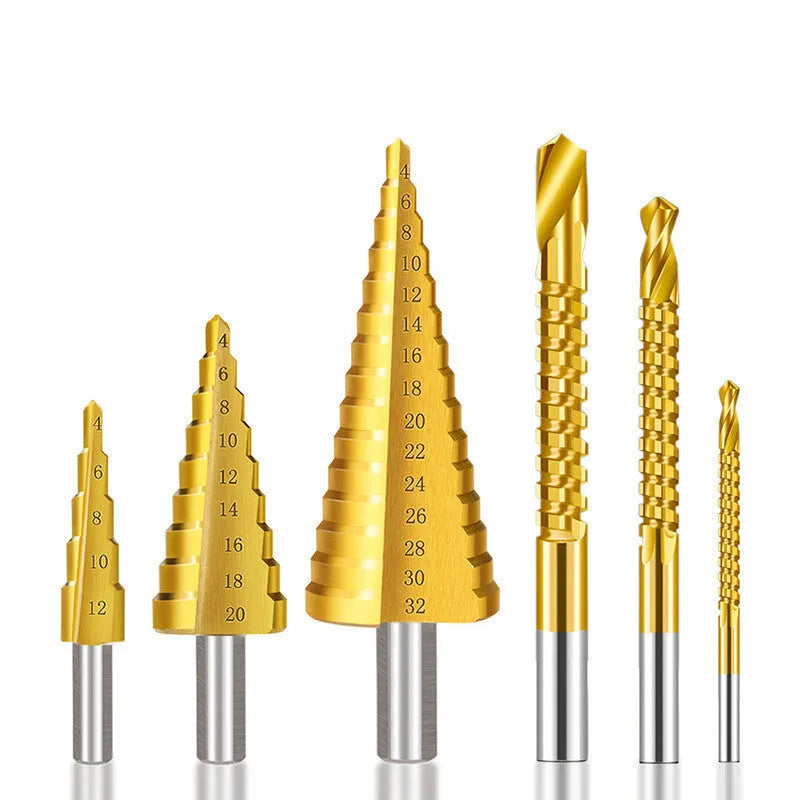 HSS step drill bit and centre punch set for metalworking with three graduated bits