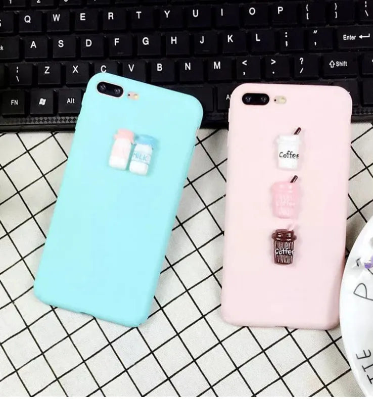 Frosted phone case with 3D milk bottle and coffee cup figures in turquoise or light pink for iPhone
