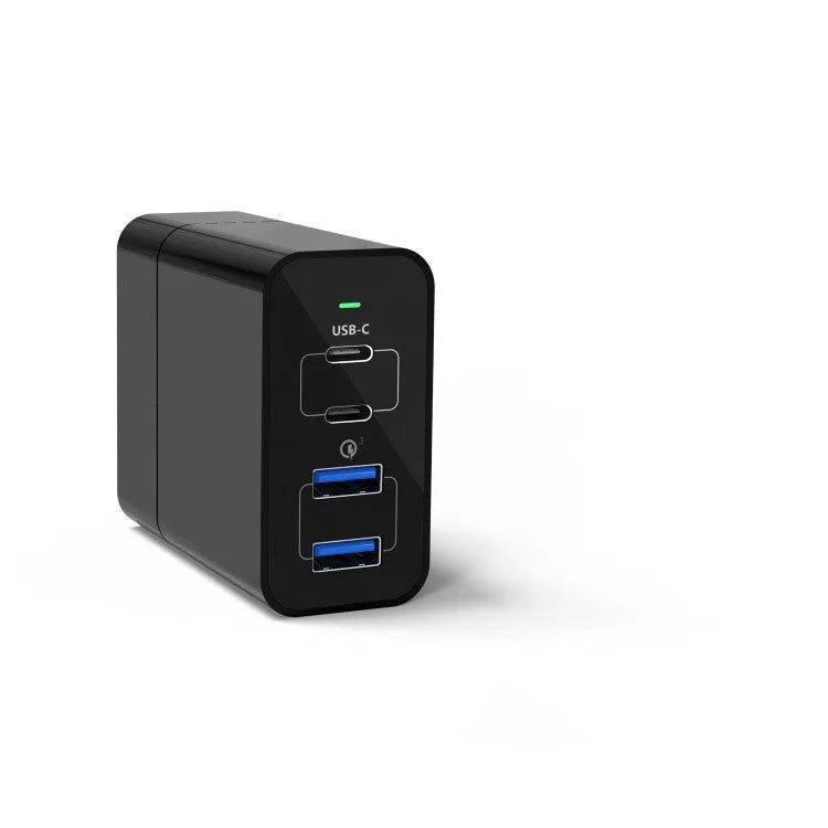 Black dual port USB-C and USB-A charger with US plug, 48W total power, compact design on white background
