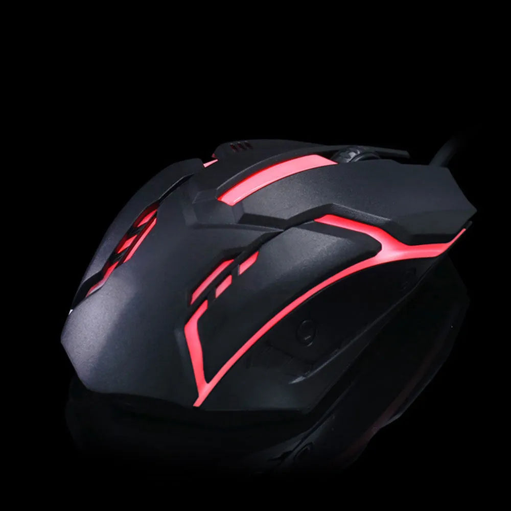 Black and white wired computer mouse with colourful luminous glow effect and USB cable