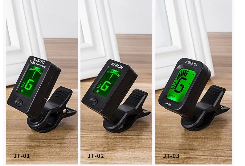 JOYO JT-01 clip-on electronic tuner for acoustic guitar, ukulele, bass, and violin, shown in three style options
