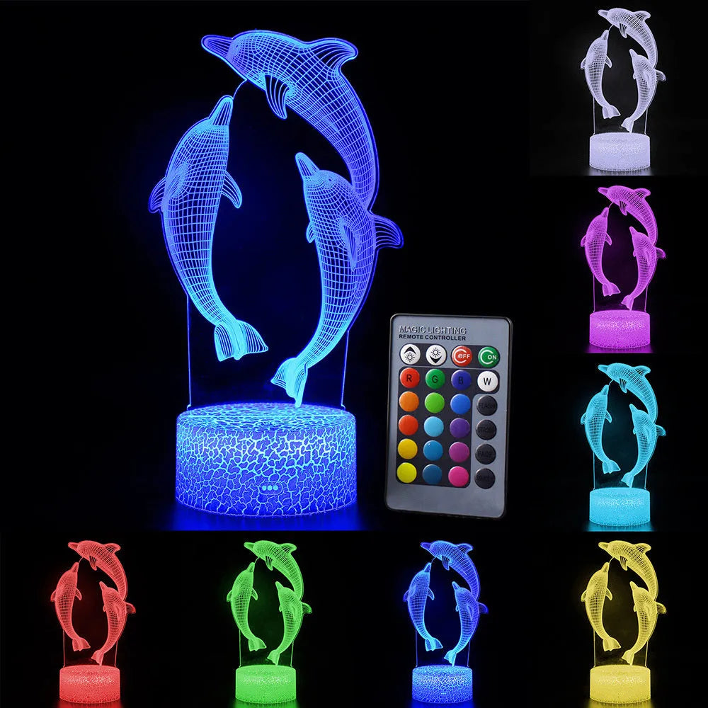 Dolphin Series 3D LED night light with laser-engraved acrylic panel and ABS base, showing illuminated dolphin pattern