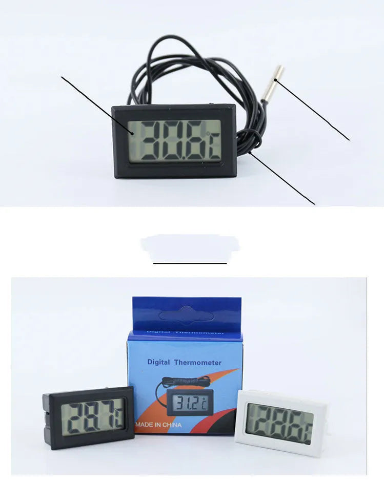Electronic liquid crystal aquarium thermometer with black or white casing and 1m to 5m cord options