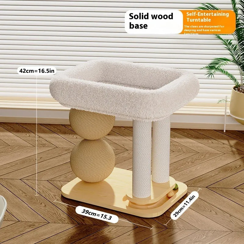 Pine wood cat scratching post and bed with sisal surface and a removable summer sleeping mat.