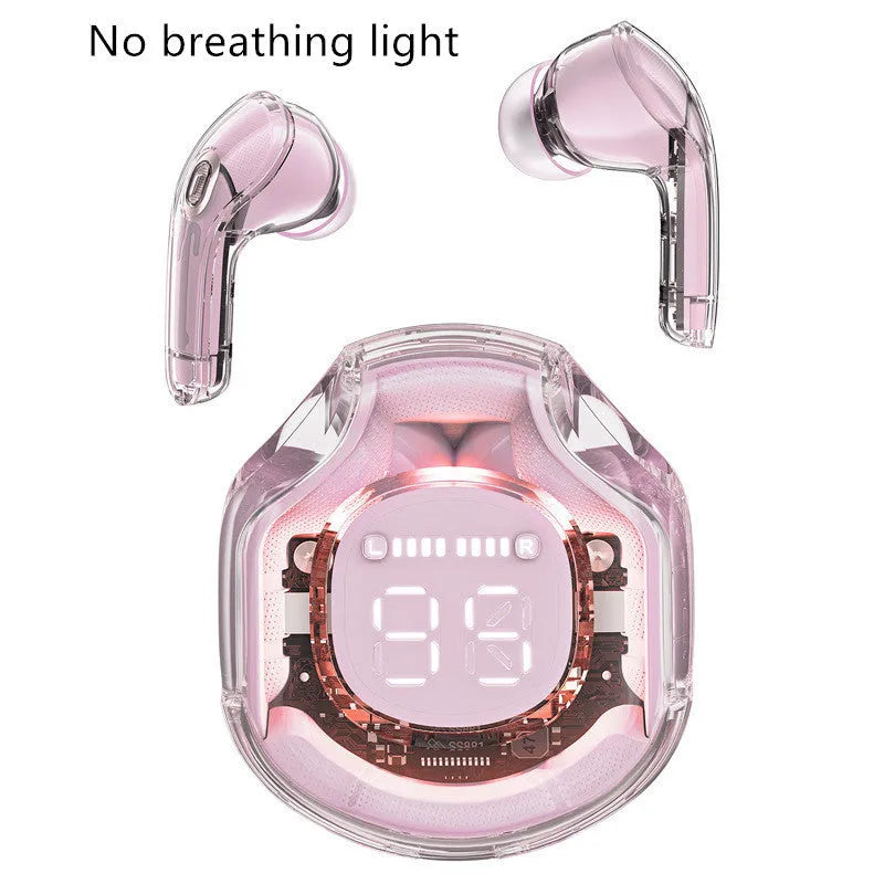 Transparent wireless Bluetooth in-ear headset shown in various colours with optional breathing light.
