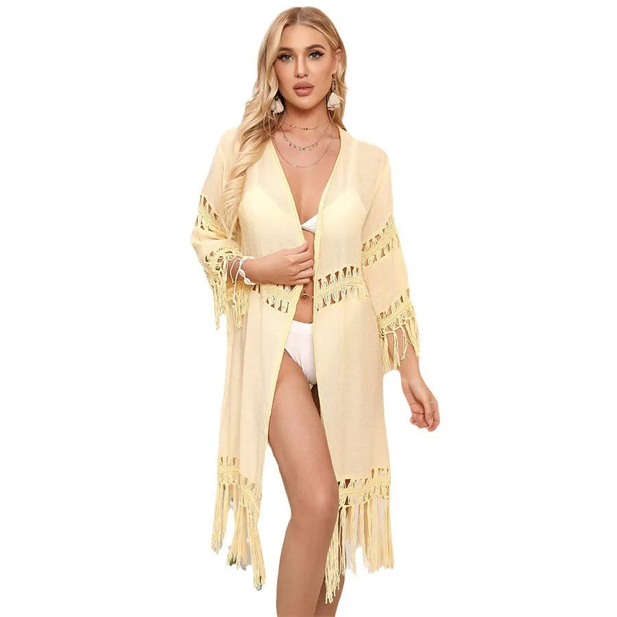 Hand-crocheted acrylic beach cardigan cover-up with tassel stitching in water green colour